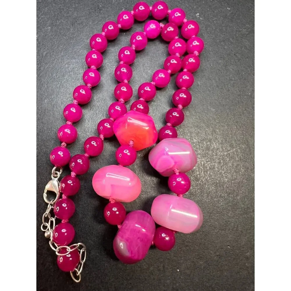 NEW Fuchsia pink dyed agate beaded necklace with sterling silver clasp